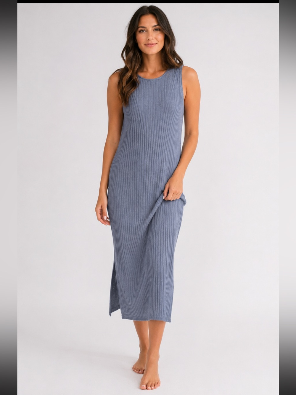 Barefoot Dreams CozyChic Ultra Lite Sleeveless Rib Knit Dress Maxi Dress Blue XL